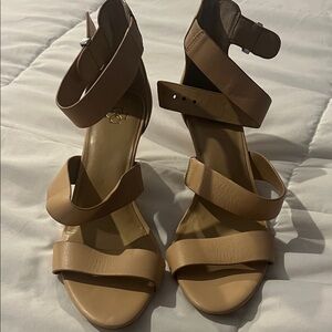 Ann Taylor Nude Block Heel Sandals | Ankle Strap | Neutral Heels | EUC